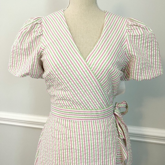 NWT Draper James RSVP Pink Green Striped Seersucker Puff Sleeve Wrap Dress, Sz S - Picture 4 of 10